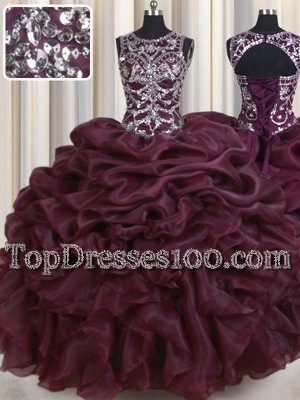 Exquisite Scoop See Through Burgundy Sleeveless Organza Lace Up Sweet 16 Dress for Military Ball and Sweet 16 and Quinceanera