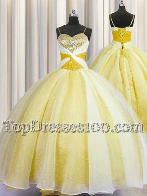 Yellow Spaghetti Straps Neckline Beading and Ruching 15 Quinceanera Dress Sleeveless Lace Up