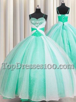 Eye-catching Spaghetti Straps Floor Length Apple Green Quince Ball Gowns Organza Sleeveless Beading and Ruching