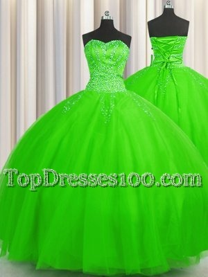 Dramatic Puffy Skirt Sleeveless Floor Length Beading Lace Up Sweet 16 Quinceanera Dress with