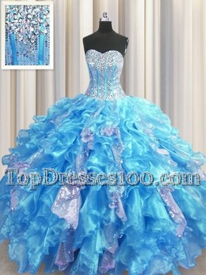 Visible Boning Organza and Sequined Sweetheart Sleeveless Lace Up Beading and Ruffles and Sequins Vestidos de Quinceanera in Baby Blue