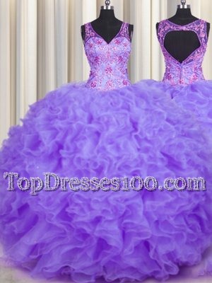 Spectacular Ball Gowns Vestidos de Quinceanera Lavender V-neck Organza Sleeveless Floor Length Backless