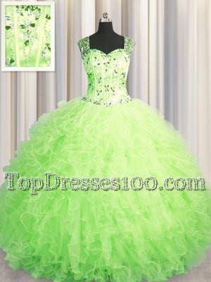 See Through Zipper Up Green Sleeveless Tulle Zipper Quinceanera Gown for Military Ball and Sweet 16 and Quinceanera