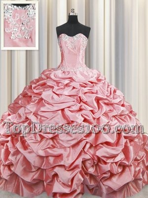 Custom Fit Brush Train Baby Pink Sweetheart Neckline Beading and Pick Ups Quinceanera Gown Sleeveless Lace Up