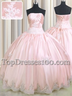 Latest Taffeta Strapless Sleeveless Lace Up Beading and Appliques Ball Gown Prom Dress in Baby Pink