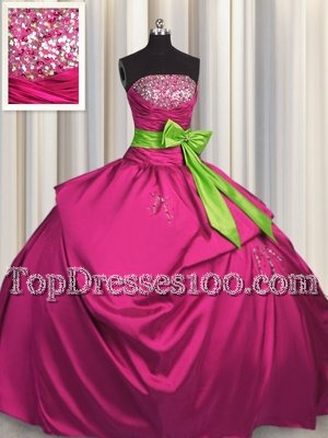 Fuchsia Strapless Neckline Beading and Ruching and Bowknot Sweet 16 Quinceanera Dress Sleeveless Lace Up