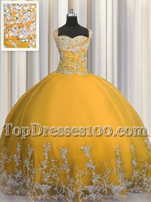 Luxurious Floor Length Ball Gowns Sleeveless Gold Quinceanera Gowns Lace Up