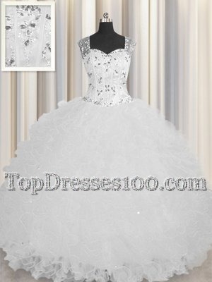 Elegant See Through Zipper Up Tulle Square Sleeveless Zipper Beading and Ruffles 15th Birthday Dress in White
