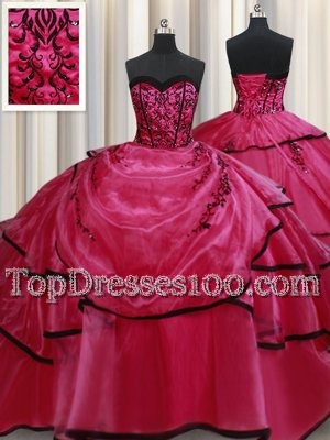 Fashionable Floor Length Red Ball Gown Prom Dress Satin Sleeveless Beading and Appliques and Ruffled Layers