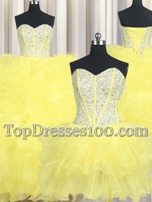 Glittering Three Piece Sweetheart Sleeveless Quinceanera Gowns Floor Length Beading and Ruffles Yellow Organza