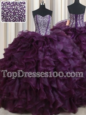 Most Popular Floor Length Dark Purple Quinceanera Dress Organza Sleeveless Beading and Ruffles