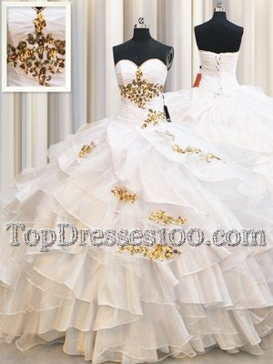 White Sleeveless Floor Length Beading and Ruffled Layers Lace Up Ball Gown Prom Dress