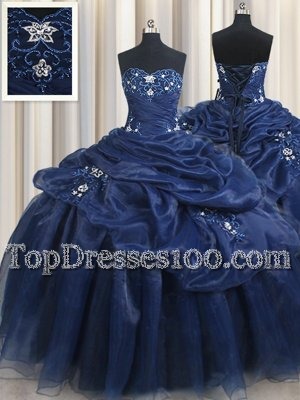 Vintage Floor Length Lace Up Ball Gown Prom Dress Navy Blue and In for Military Ball and Sweet 16 and Quinceanera with Appliques and Pick Ups