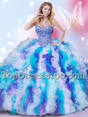 Scoop Sleeveless Organza Quinceanera Dress Beading and Ruffles and Pick Ups Brush Train Lace Up