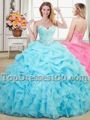 Free and Easy Floor Length Aqua Blue Quinceanera Dresses Organza Sleeveless Beading and Ruffles and Pick Ups