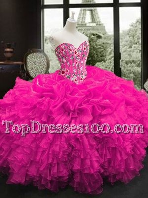 Customized Fuchsia Quinceanera Gown Military Ball and Sweet 16 and Quinceanera and For with Embroidery and Ruffles Sweetheart Sleeveless Lace Up