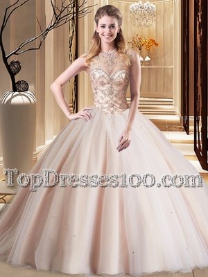 Peach Ball Gowns Scoop Sleeveless Tulle Brush Train Lace Up Beading Sweet 16 Quinceanera Dress