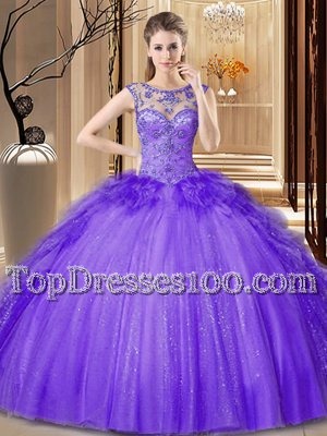 Romantic Sequins Scoop Sleeveless Lace Up Quinceanera Dresses Purple Tulle