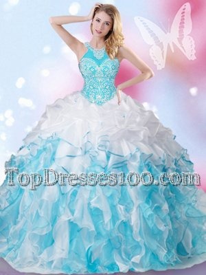 Halter Top Beading and Ruffles and Pick Ups Quince Ball Gowns Blue And White Lace Up Sleeveless Floor Length