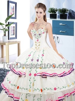 Spectacular Scoop Sleeveless Quinceanera Gowns Floor Length Beading and Embroidery and Ruffled Layers White Organza and Taffeta