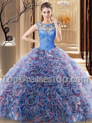 Hot Selling Scoop Multi-color Ball Gowns Beading Quinceanera Gown Lace Up Fabric With Rolling Flowers Sleeveless