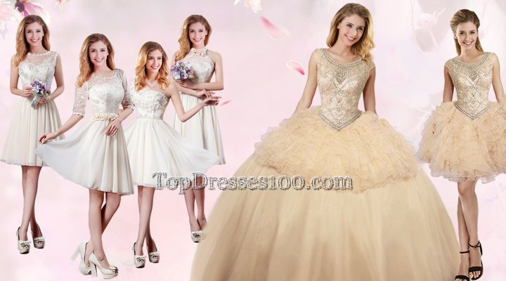 Sophisticated Champagne Organza and Tulle Lace Up Scoop Sleeveless Floor Length Quince Ball Gowns Beading and Ruffles
