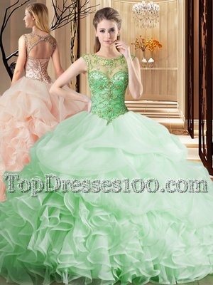 Low Price Scoop Sleeveless Organza Brush Train Lace Up Sweet 16 Dresses in Apple Green for with Beading and Ruffles and Pick Ups