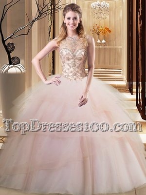 Customized Ruffled Brush Train Ball Gowns Quinceanera Gowns Peach Scoop Tulle Sleeveless Lace Up