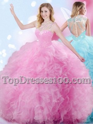 Fantastic Rose Pink Zipper High-neck Beading and Ruffles and Pick Ups Sweet 16 Dresses Tulle Sleeveless