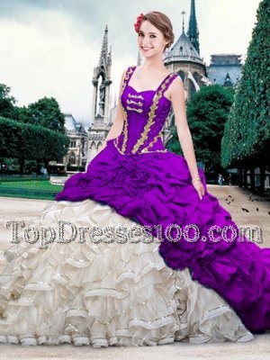 White And Purple Vestidos de Quinceanera Military Ball and Sweet 16 and Quinceanera and For with Beading and Ruffles and Pick Ups Straps Sleeveless Brush Train Lace Up