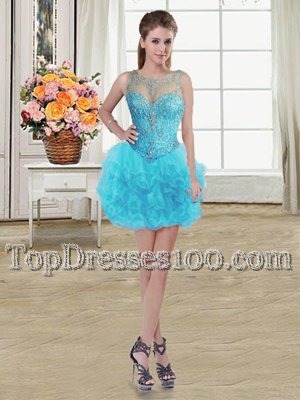 Scoop Baby Blue Tulle Lace Up Party Dress for Toddlers Sleeveless Mini Length Beading and Ruffles