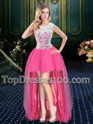 Extravagant Scoop Hot Pink Sleeveless High Low Beading Zipper Prom Dress