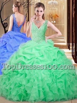 Gorgeous Apple Green Organza Backless V-neck Sleeveless Floor Length 15th Birthday Dress Lace and Appliques and Pick Ups