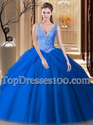 Lovely Blue V-neck Neckline Lace and Pick Ups Sweet 16 Dresses Sleeveless Backless