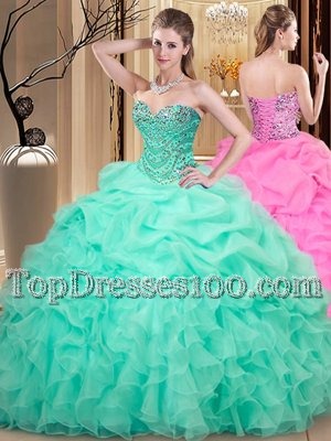 Cheap Sweetheart Sleeveless 15th Birthday Dress Floor Length Beading and Ruffles and Pick Ups Apple Green Organza