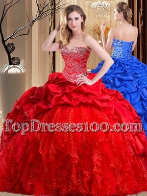 Red Ball Gowns Sweetheart Sleeveless Taffeta and Tulle Brush Train Lace Up Beading and Ruffles Ball Gown Prom Dress