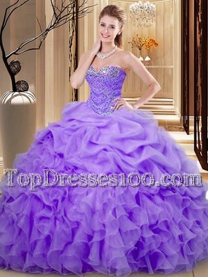 Elegant Lavender Sleeveless Floor Length Beading and Ruffles and Pick Ups Lace Up Sweet 16 Dress