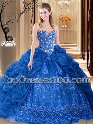 Royal Blue Organza Lace Up Ball Gown Prom Dress Sleeveless Court Train Embroidery and Pick Ups