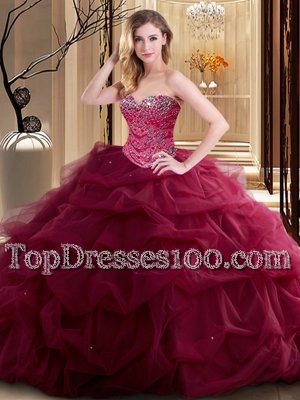 Beading and Ruffles 15th Birthday Dress Burgundy Lace Up Sleeveless Floor Length