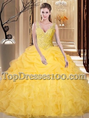 Cute Backless Organza Sleeveless Floor Length Quinceanera Dresses and Lace and Appliques and Ruffles and Pick Ups