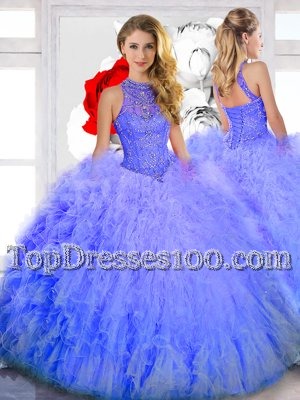 Cute Lavender Sleeveless Tulle Lace Up Ball Gown Prom Dress for Military Ball and Sweet 16 and Quinceanera