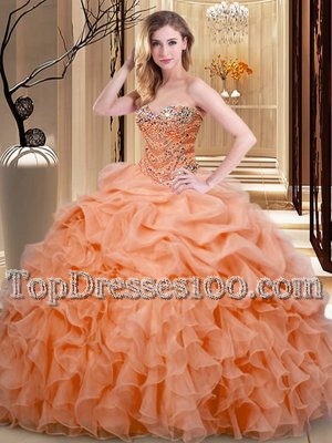 Nice Beading and Ruffles and Pick Ups Ball Gown Prom Dress Orange Lace Up Sleeveless Floor Length