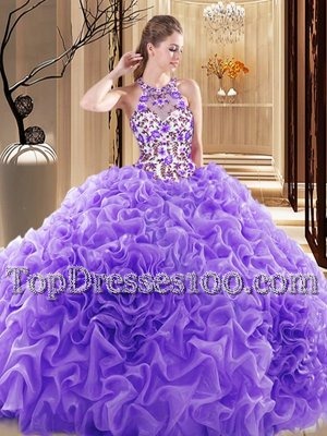 Flare Lavender Sleeveless Organza Brush Train Backless Quinceanera Gown for Prom and Military Ball and Sweet 16 and Quinceanera