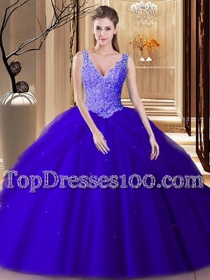 Best Royal Blue V-neck Neckline Lace and Appliques and Pick Ups Ball Gown Prom Dress Sleeveless Backless
