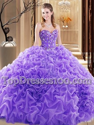 Custom Design Lavender Ball Gowns Sweetheart Sleeveless Fabric With Rolling Flowers Court Train Lace Up Embroidery and Ruffles and Pick Ups 15th Birthday Dress