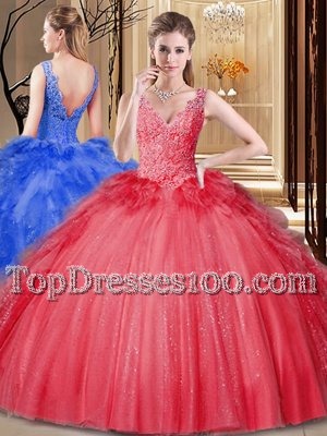 Low Price Sleeveless Tulle and Sequined Floor Length Backless Quinceanera Gowns in Red for with Appliques and Sequins and Pick Ups