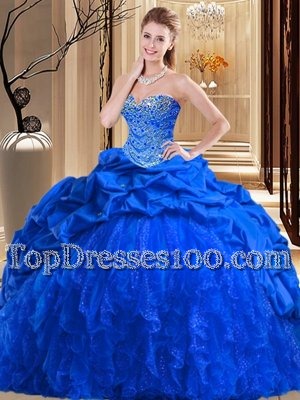 Edgy Sweetheart Sleeveless Quince Ball Gowns Brush Train Beading and Ruffles Royal Blue Taffeta and Tulle
