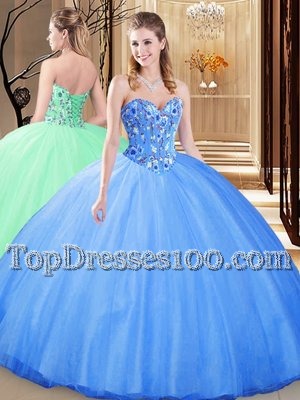 Unique Blue Sweetheart Neckline Embroidery Ball Gown Prom Dress Sleeveless Lace Up
