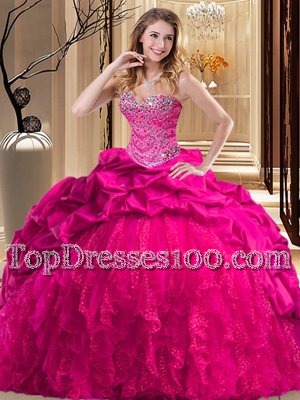 Low Price Hot Pink Taffeta and Tulle Lace Up Sweetheart Sleeveless Quinceanera Gown Brush Train Beading and Ruffles