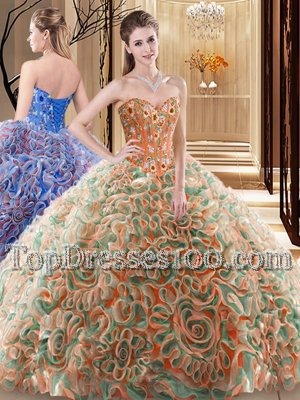 Custom Made Multi-color Fabric With Rolling Flowers Lace Up Quinceanera Dresses Sleeveless With Brush Train Embroidery and Ruffles